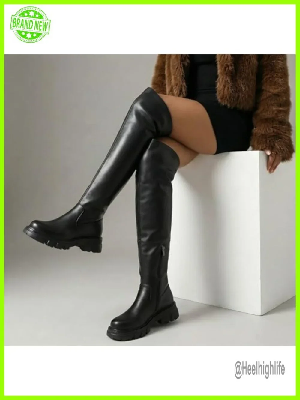 Thigh High Boots Over The Knee Platform Lug Sole Chunky Heel Faux Leather